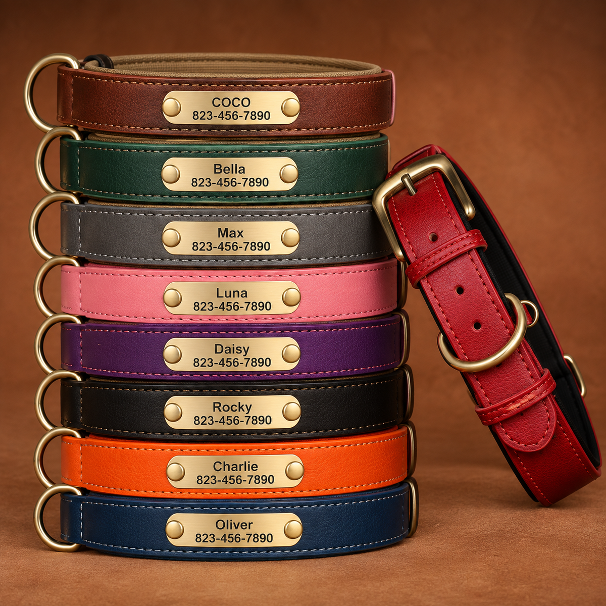 Personalised Leather Dog Collar with Engraved Nameplate