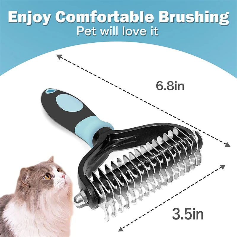 Professional Pet Deshedding Brush — Double Sided Dematting Rake and Undercoat Comb for Dogs and Cats, Stainless Steel Grooming Tool for Shedding and Tangles