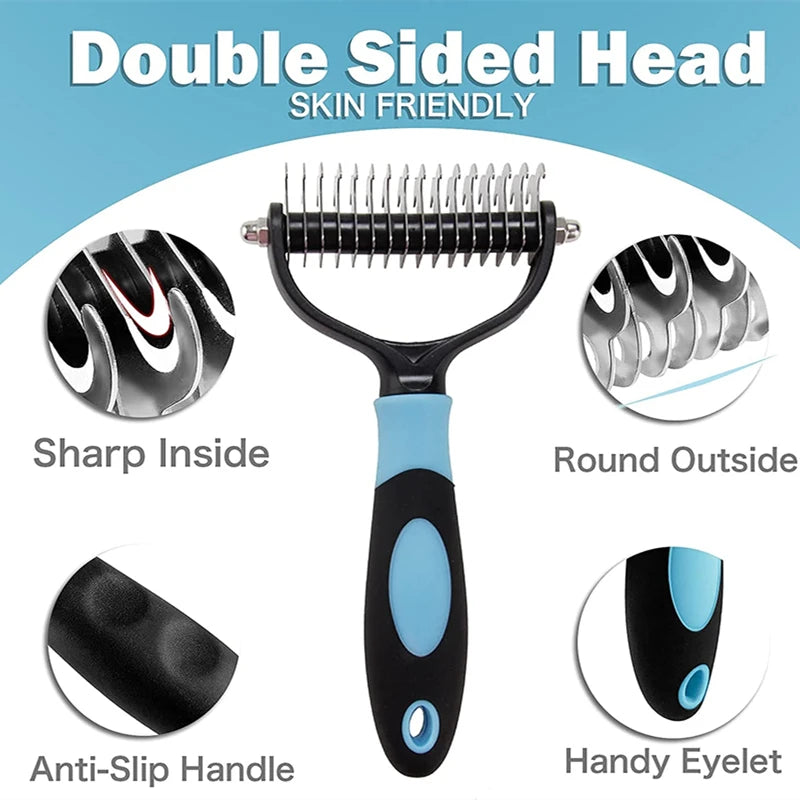 Professional Pet Deshedding Brush — Double Sided Dematting Rake and Undercoat Comb for Dogs and Cats, Stainless Steel Grooming Tool for Shedding and Tangles