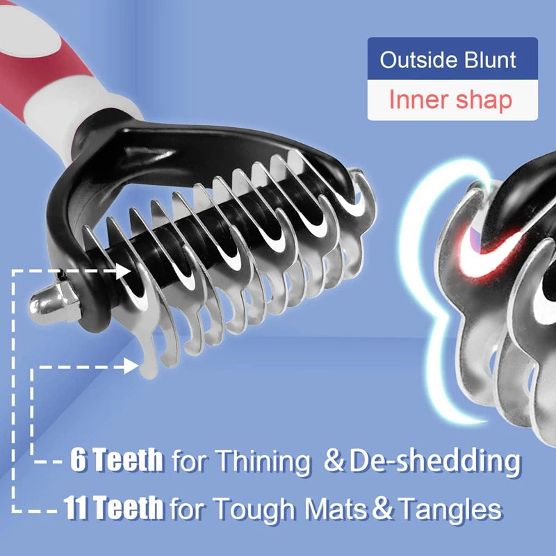 Professional Pet Deshedding Brush — Double Sided Dematting Rake and Undercoat Comb for Dogs and Cats, Stainless Steel Grooming Tool for Shedding and Tangles