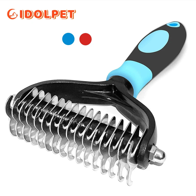 Professional Pet Deshedding Brush — Double Sided Dematting Rake and Undercoat Comb for Dogs and Cats, Stainless Steel Grooming Tool for Shedding and Tangles