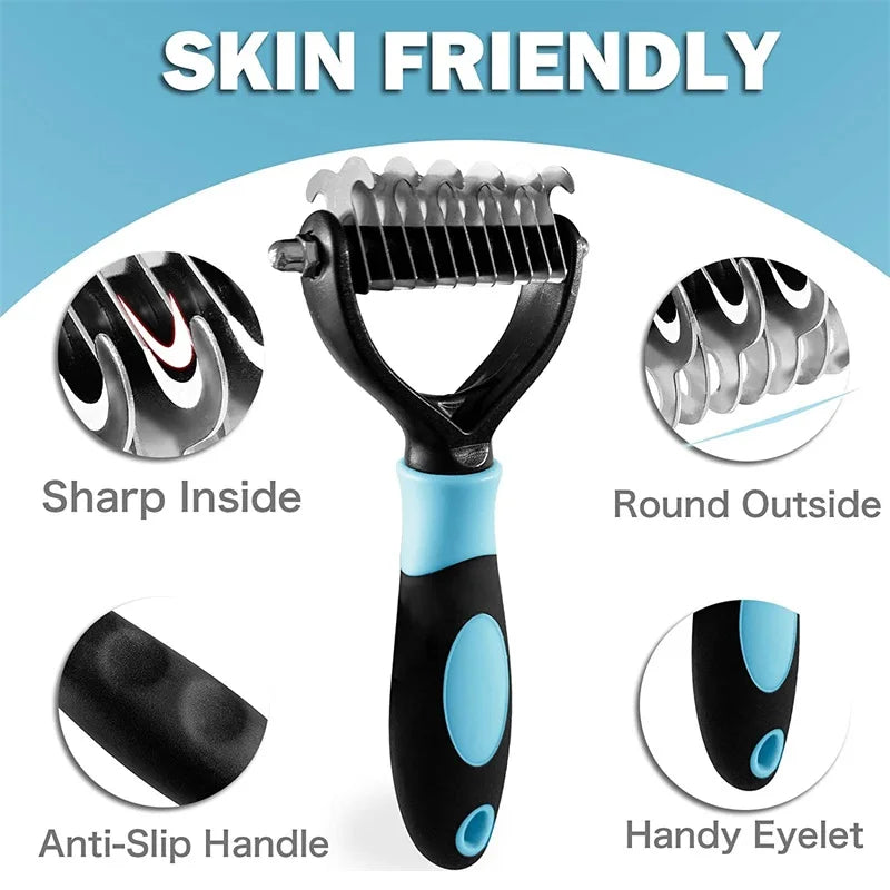 Professional Pet Deshedding Brush — Double Sided Dematting Rake and Undercoat Comb for Dogs and Cats, Stainless Steel Grooming Tool for Shedding and Tangles
