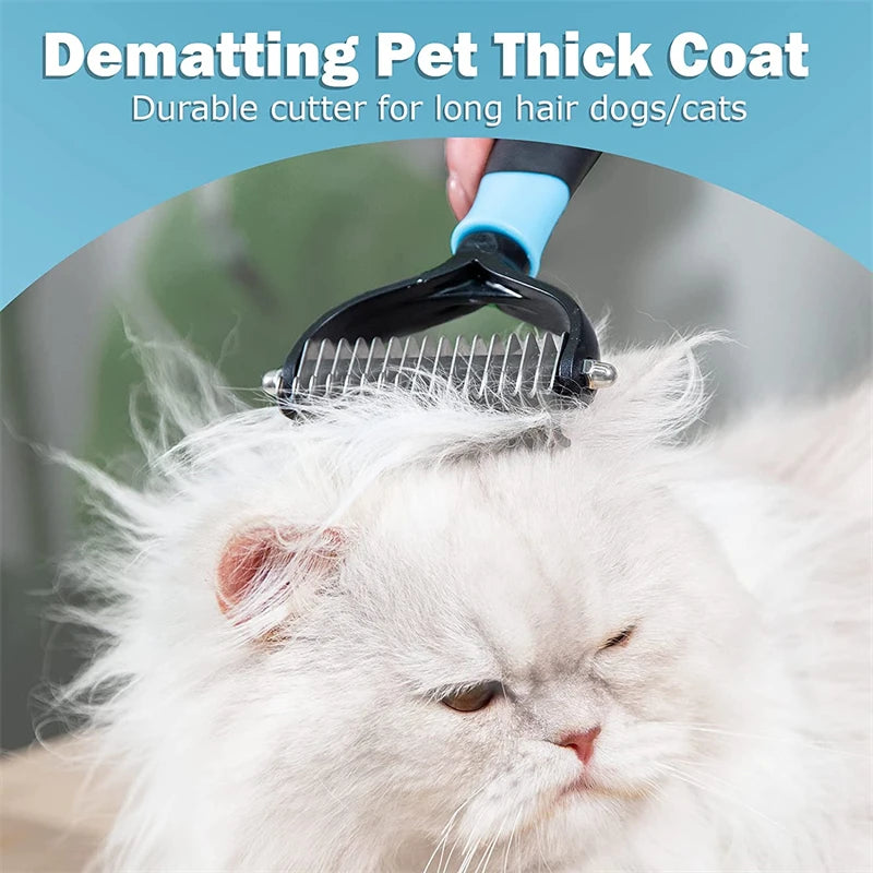 Professional Pet Deshedding Brush — Double Sided Dematting Rake and Undercoat Comb for Dogs and Cats, Stainless Steel Grooming Tool for Shedding and Tangles