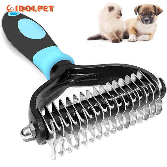 Professional Pet Deshedding Brush — Double Sided Dematting Rake and Undercoat Comb for Dogs and Cats, Stainless Steel Grooming Tool for Shedding and Tangles