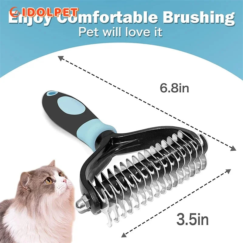 Professional Pet Deshedding Brush — Double Sided Dematting Rake and Undercoat Comb for Dogs and Cats, Stainless Steel Grooming Tool for Shedding and Tangles