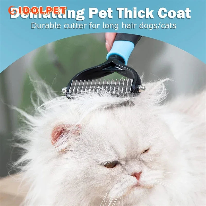 Professional Pet Deshedding Brush — Double Sided Dematting Rake and Undercoat Comb for Dogs and Cats, Stainless Steel Grooming Tool for Shedding and Tangles