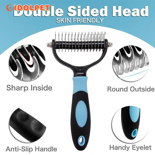 Professional Pet Deshedding Brush — Double Sided Dematting Rake and Undercoat Comb for Dogs and Cats, Stainless Steel Grooming Tool for Shedding and Tangles