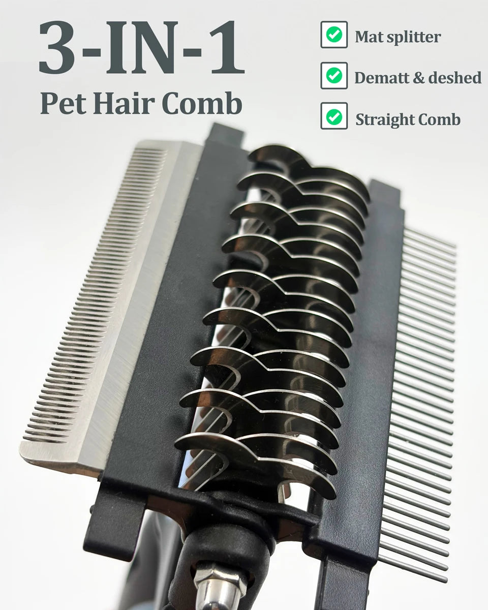 3-in-1 Deshedding Brush for Dogs & Cats — Removes Loose Undercoat, Cuts Mats and Knots