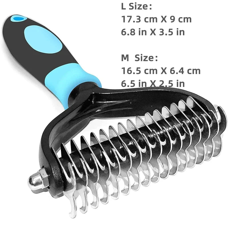 Professional Pet Deshedding Brush — Double Sided Dematting Rake and Undercoat Comb for Dogs and Cats, Stainless Steel Grooming Tool for Shedding and Tangles