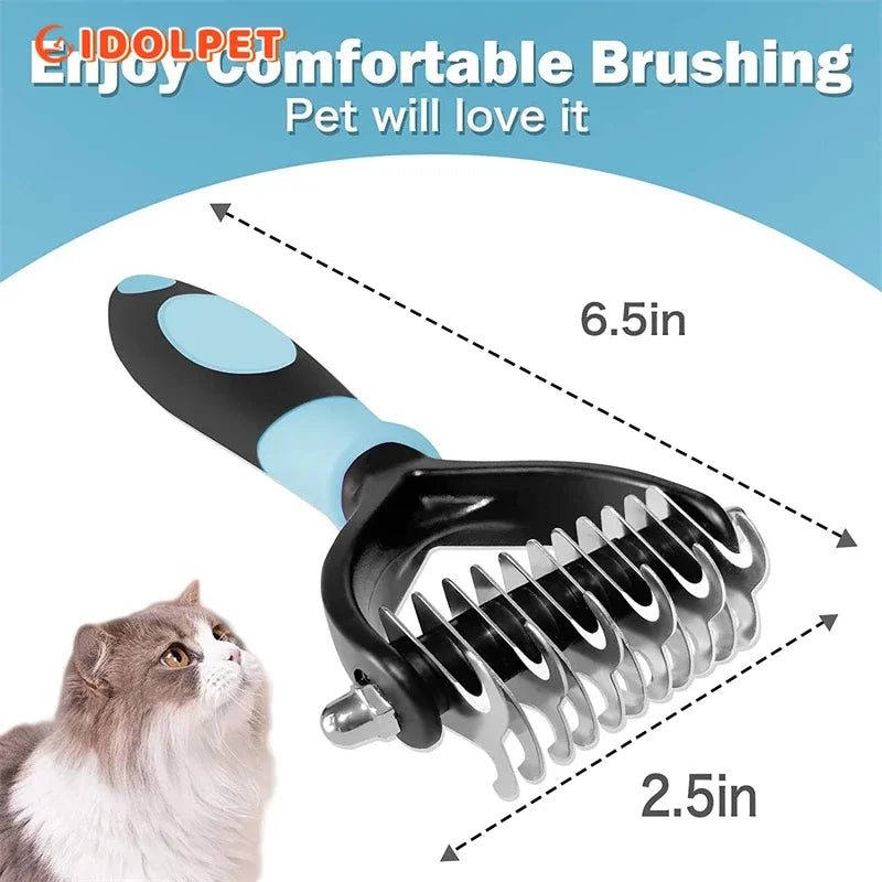 Professional Pet Deshedding Brush — Double Sided Dematting Rake and Undercoat Comb for Dogs and Cats, Stainless Steel Grooming Tool for Shedding and Tangles